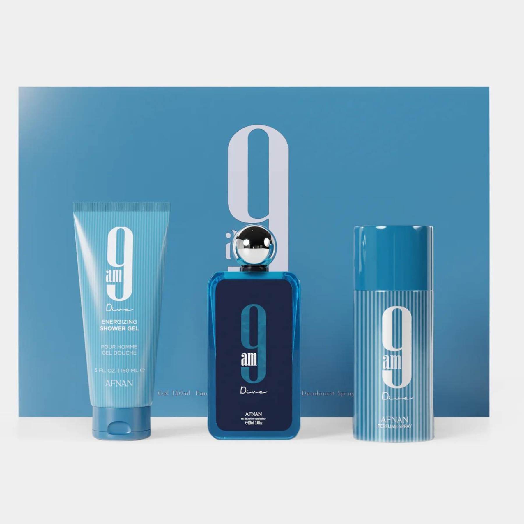 Afnan 9am Dive Gift Set Eau De Parfum (100ml EDP, 150ml Shower Gel, 150ml Spray Deodorant).