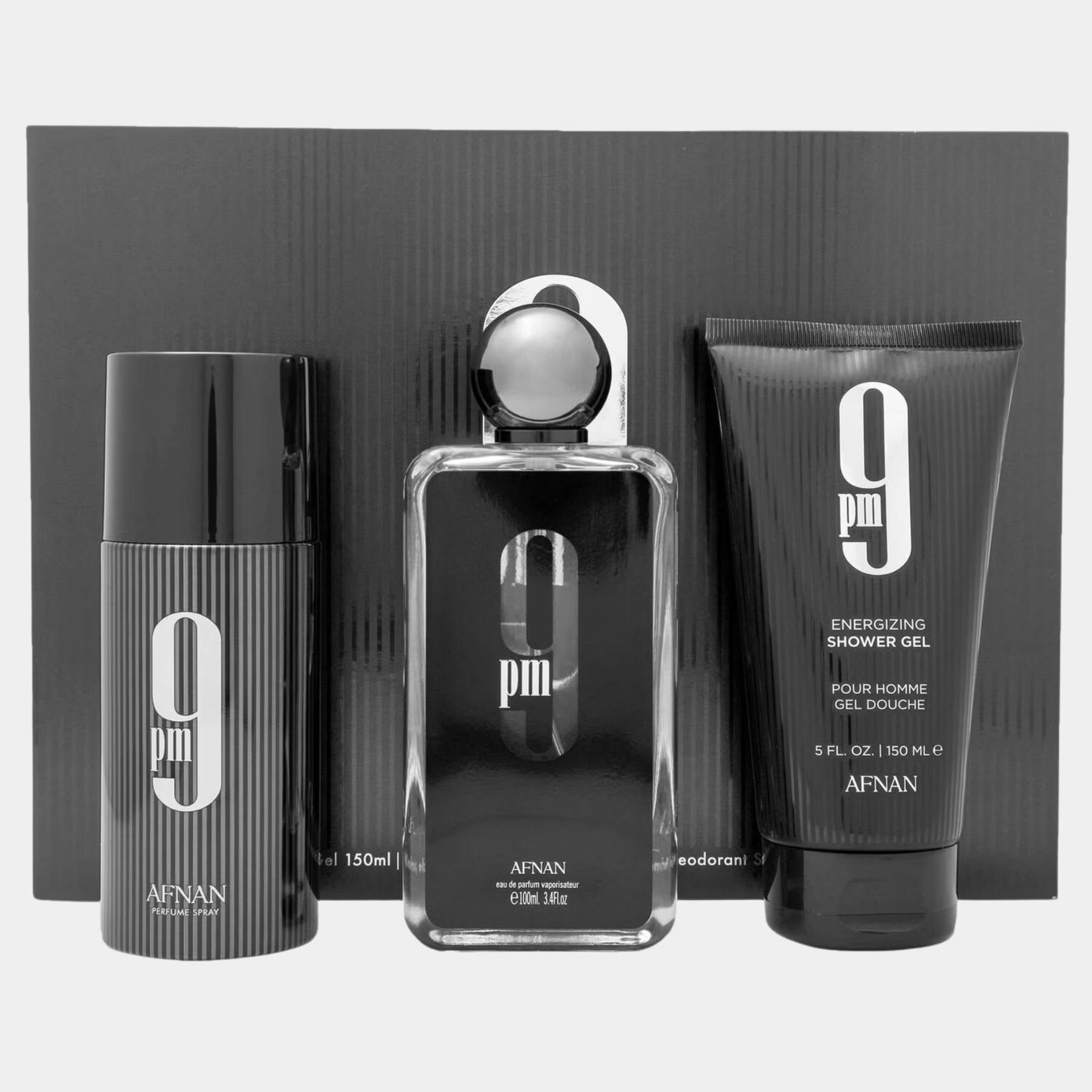 Afnan 9pm giftset for men 100ml eau de parfum, 150ml shower gel & 150ml spray deodorant.
